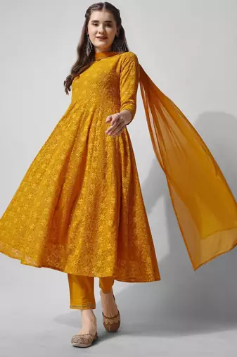 floral embroidered georgette anarkali kurta with trousers & dupatta