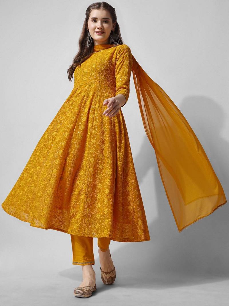 floral embroidered georgette anarkali kurta with trousers & dupatta