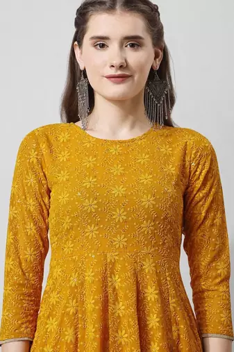 floral embroidered georgette anarkali kurta with trousers & dupatta