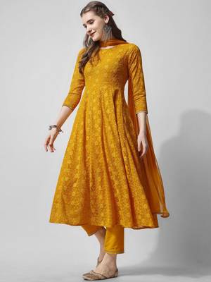 floral embroidered georgette anarkali kurta with trousers & dupatta 3