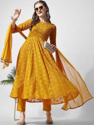 floral embroidered georgette anarkali kurta with trousers & dupatta 5