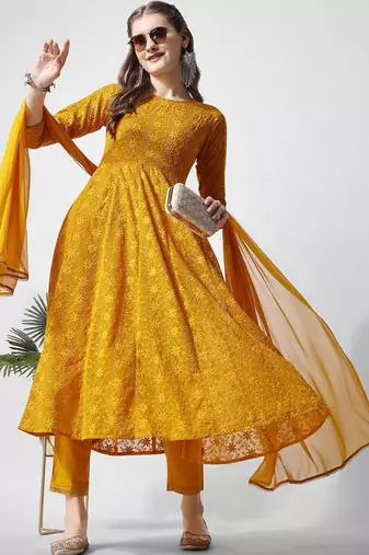 floral embroidered georgette anarkali kurta with trousers & dupatta