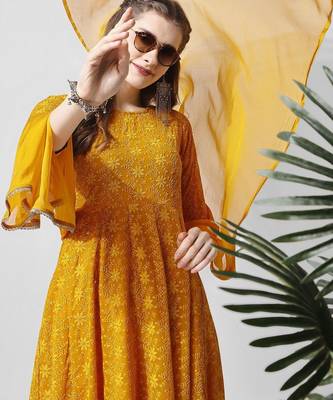 floral embroidered georgette anarkali kurta with trousers & dupatta 6