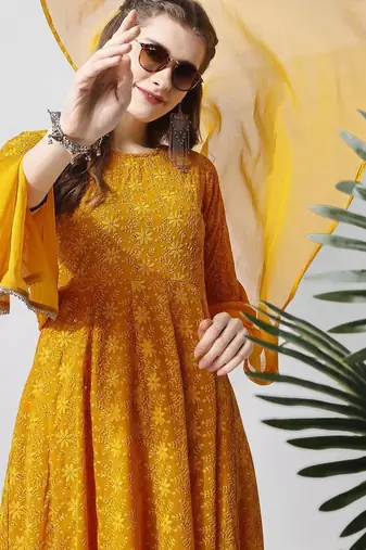floral embroidered georgette anarkali kurta with trousers & dupatta