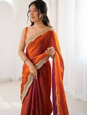 Orange embellished sequinned satin heavy work saree 2