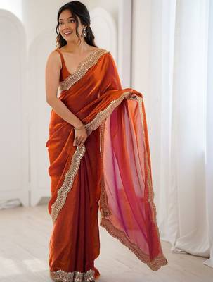 Orange embellished sequinned satin heavy work saree 5