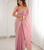 Pink embellished sequinned satin heavy work saree