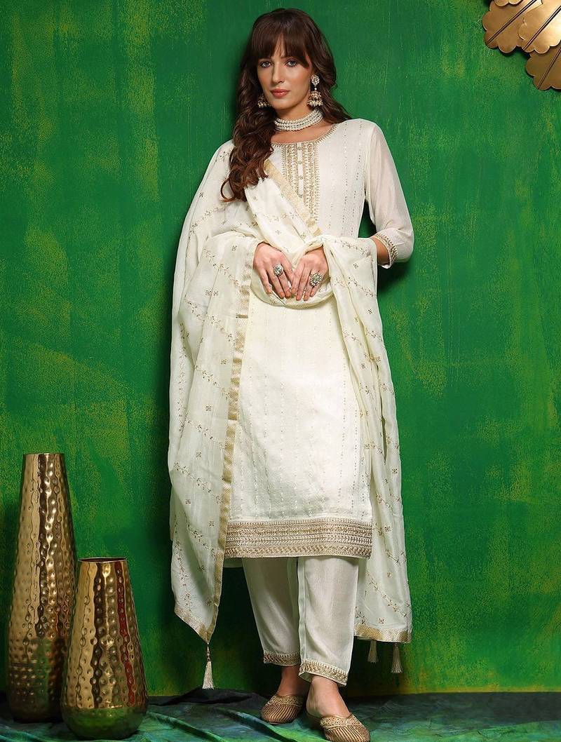 women ethnic motifs embroidered regular sequinned kurta with trousers & with dupatta