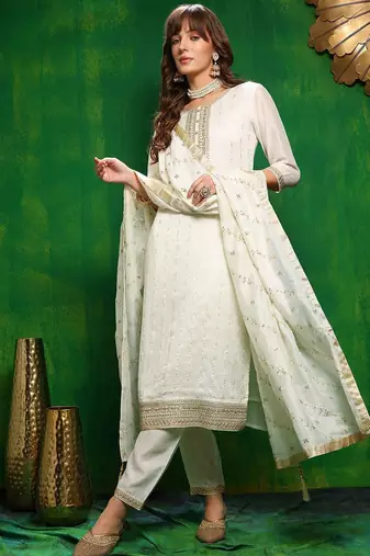 women ethnic motifs embroidered regular sequinned kurta with trousers & with dupatta