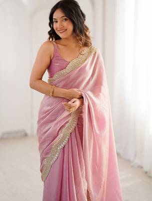 Pink embellished sequinned satin heavy work saree 2