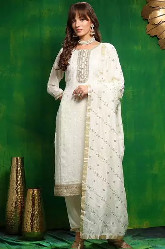 women ethnic motifs embroidered regular sequinned kurta with trousers & with dupatta