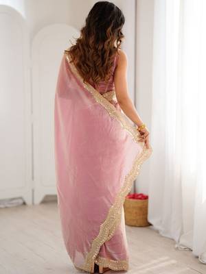 Pink embellished sequinned satin heavy work saree 3
