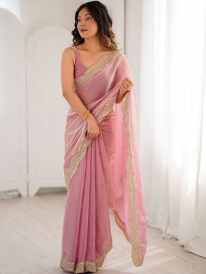 Pink embellished sequinned satin heavy work saree 5