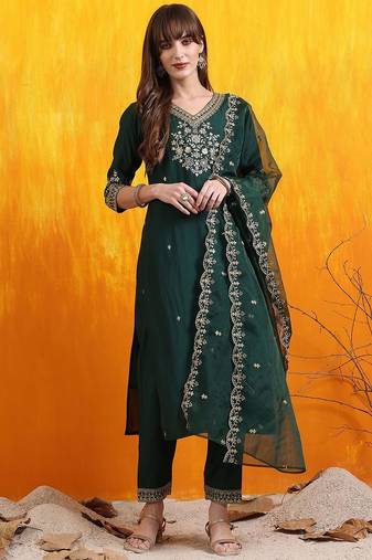 embroidered sequinned chanderi cotton straight kurta with trousers & dupatta