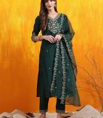 embroidered sequinned chanderi cotton straight kurta with trousers & dupatta