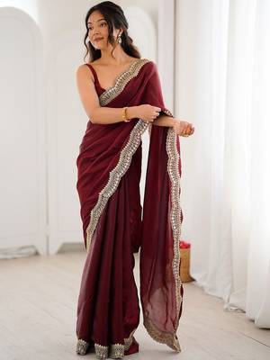 Maroon embellished zari satin heavy work saree 1