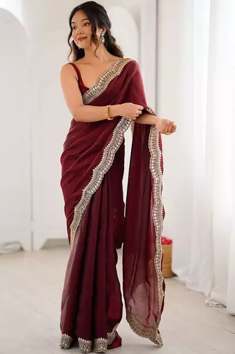 Maroon embellished zari satin heavy work saree