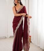 Maroon embellished zari satin heavy work saree