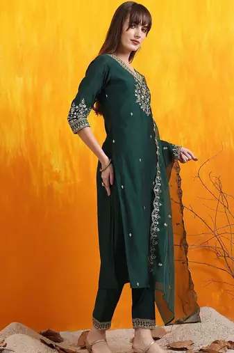 embroidered sequinned chanderi cotton straight kurta with trousers & dupatta