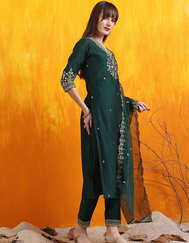 embroidered sequinned chanderi cotton straight kurta with trousers & dupatta