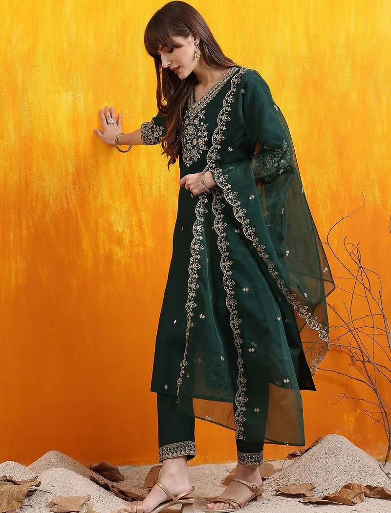 embroidered sequinned chanderi cotton straight kurta with trousers & dupatta