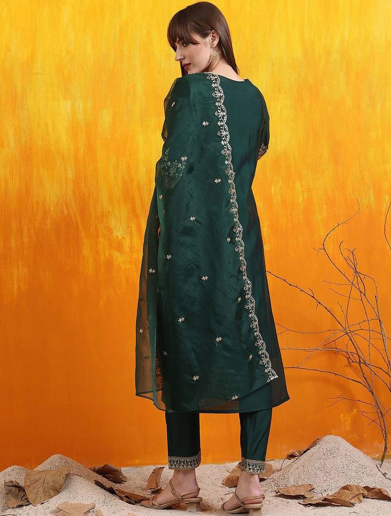 embroidered sequinned chanderi cotton straight kurta with trousers & dupatta