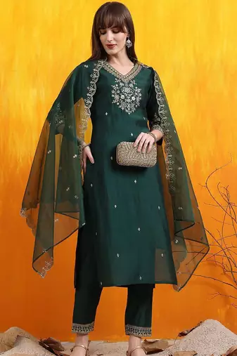 embroidered sequinned chanderi cotton straight kurta with trousers & dupatta