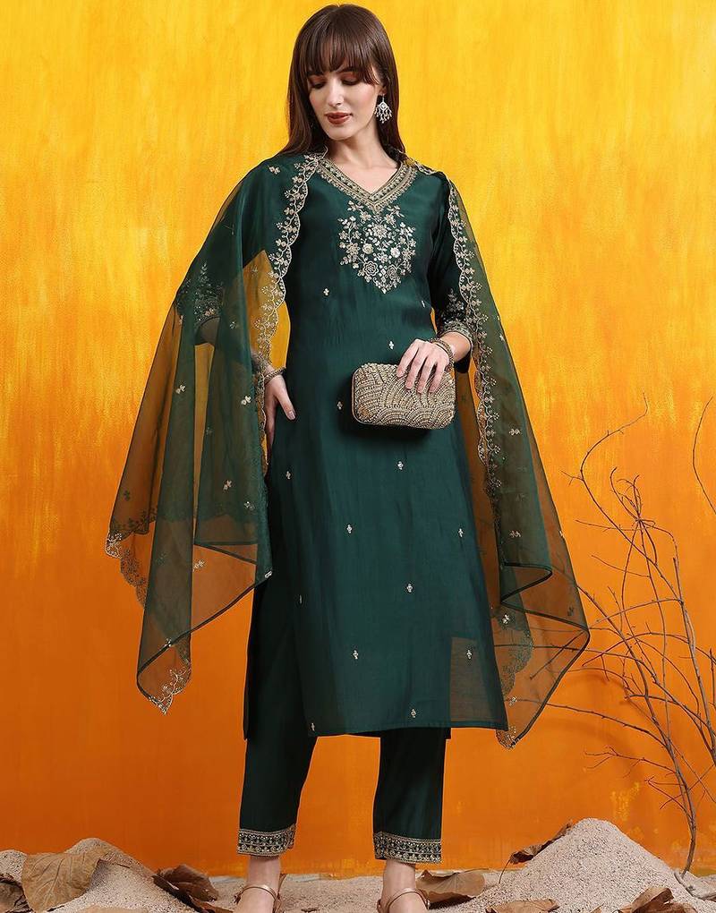 embroidered sequinned chanderi cotton straight kurta with trousers & dupatta