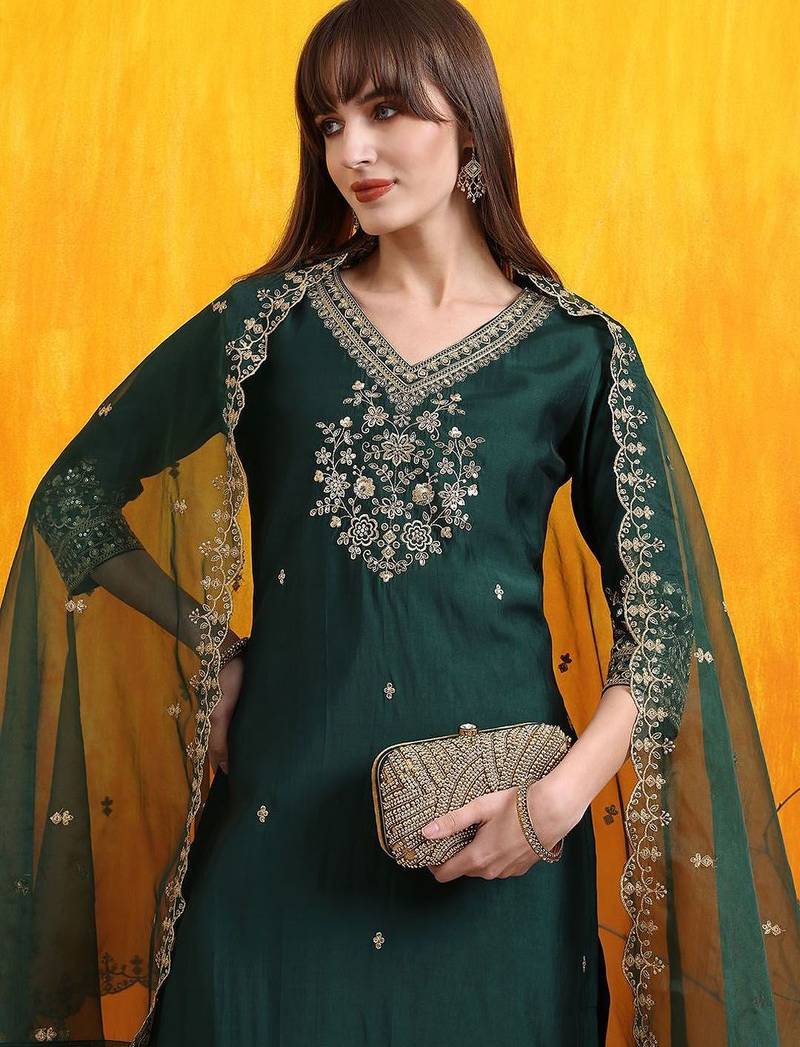 embroidered sequinned chanderi cotton straight kurta with trousers & dupatta