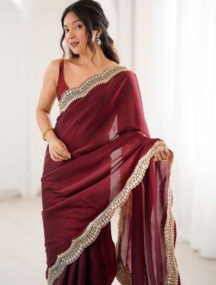 Maroon embellished zari satin heavy work saree 2