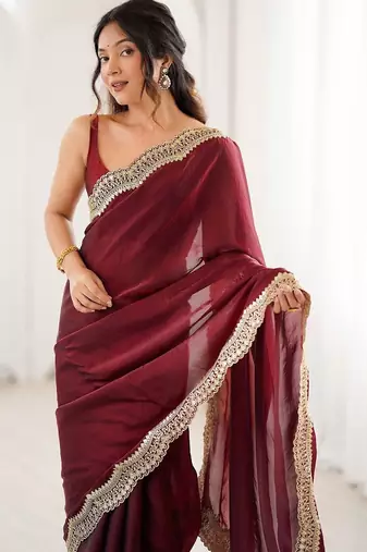 Maroon embellished zari satin heavy work saree