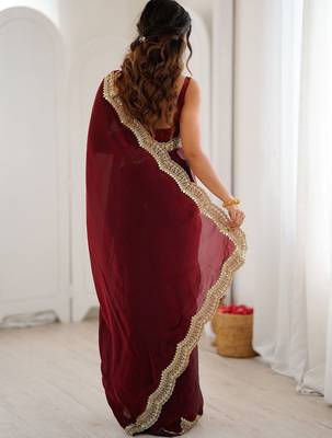 Maroon embellished zari satin heavy work saree 3