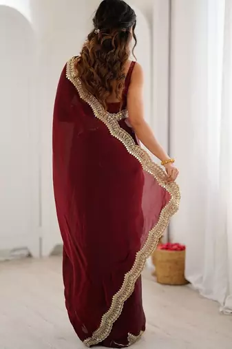 Maroon embellished zari satin heavy work saree