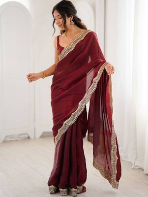 Maroon embellished zari satin heavy work saree 4