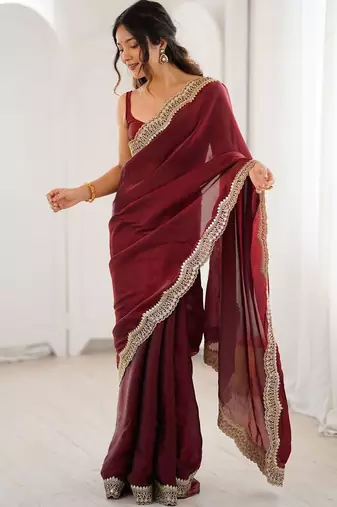 Maroon embellished zari satin heavy work saree