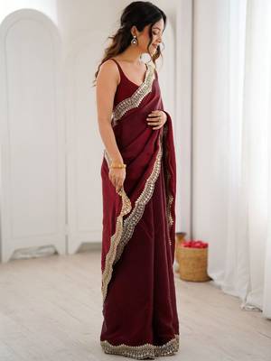 Maroon embellished zari satin heavy work saree 5