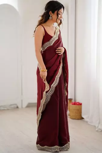 Maroon embellished zari satin heavy work saree