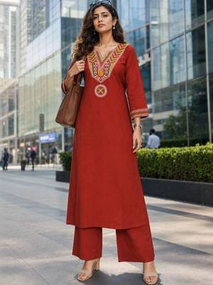 women ethnic motifs embroidered regular thread work  cotton kurta with palazzos 1