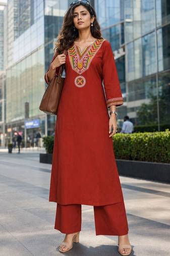 women ethnic motifs embroidered regular thread work  cotton kurta with palazzos