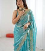 Blue embellished sequinned satin heavy work saree