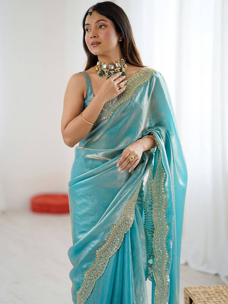 Blue embellished sequinned satin heavy work saree