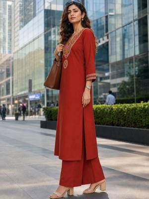 women ethnic motifs embroidered regular thread work  cotton kurta with palazzos 3