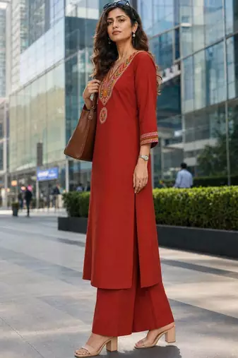 women ethnic motifs embroidered regular thread work  cotton kurta with palazzos