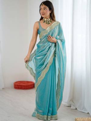 Blue embellished sequinned satin heavy work saree 2