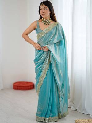 Blue embellished sequinned satin heavy work saree 3