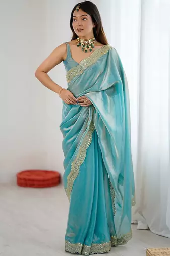 Blue embellished sequinned satin heavy work saree