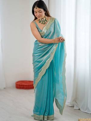 Blue embellished sequinned satin heavy work saree 4