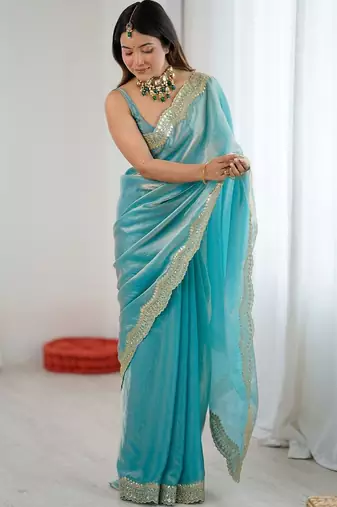 Blue embellished sequinned satin heavy work saree