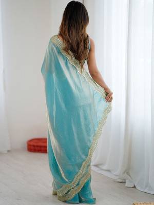 Blue embellished sequinned satin heavy work saree 5