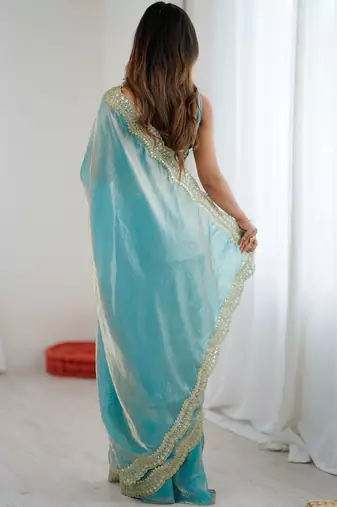 Blue embellished sequinned satin heavy work saree